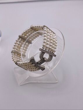 Multi-Strand Pearl Cuff Bracelet - Crystal Accent Clasp